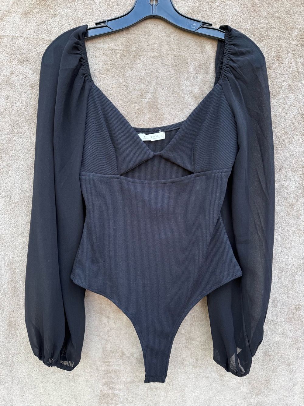 12th Tribe Black Puff-Sleeve Ribbed Bodysuit